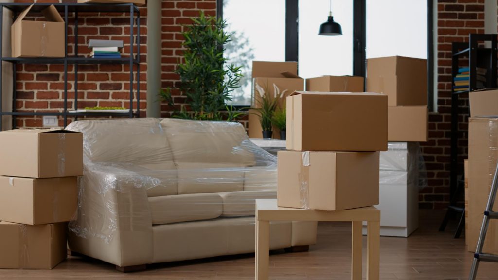 no people living room interior move with carton boxes empty real estate property full cardboard packing storage cargo nobody apartment relocation moving day